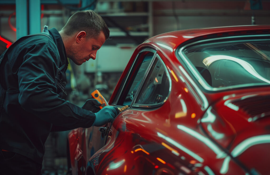 Collision repair technician inspecting a red vehicle body panel