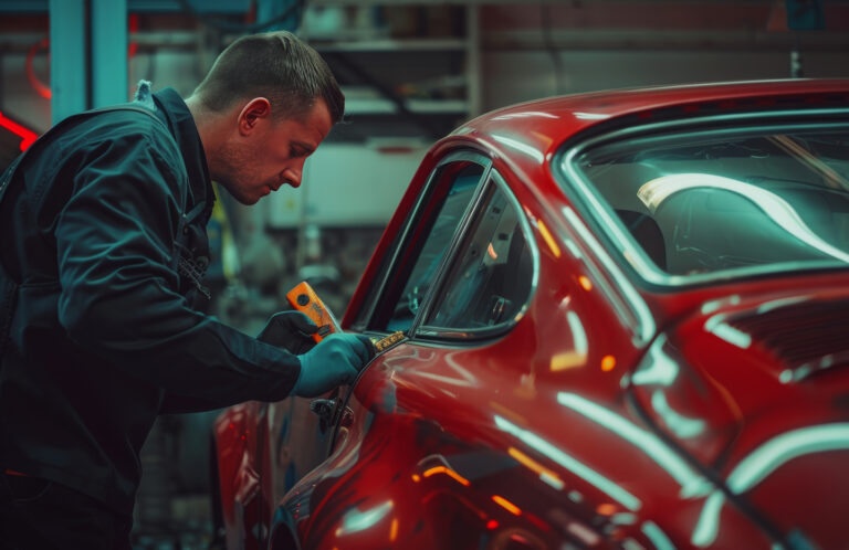 Collision repair technician inspecting a red vehicle body panel