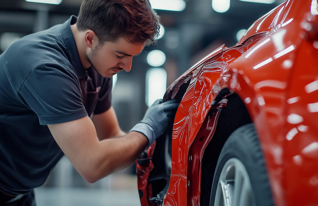 Technician repairing the wheel arch of a red car