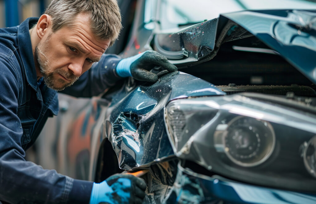 Technician preparing a damaged front panel for repair