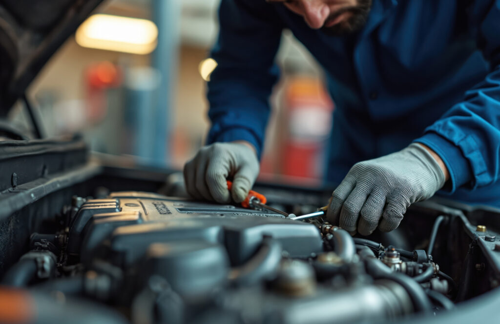 Mechanic working on a vehicle engine