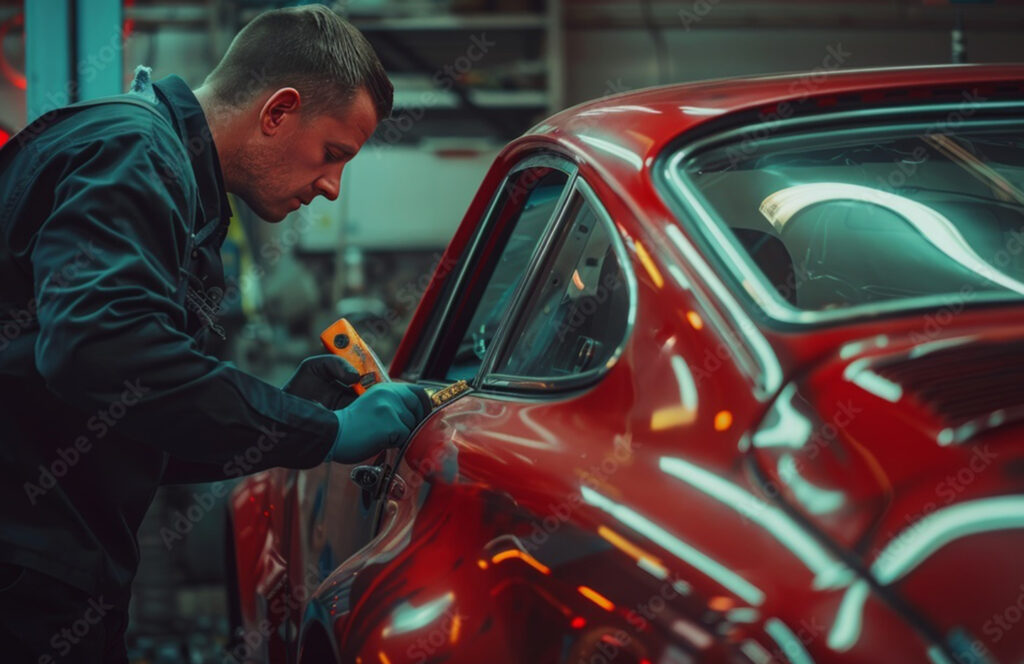 Technician inspecting the rear body panel of a red car