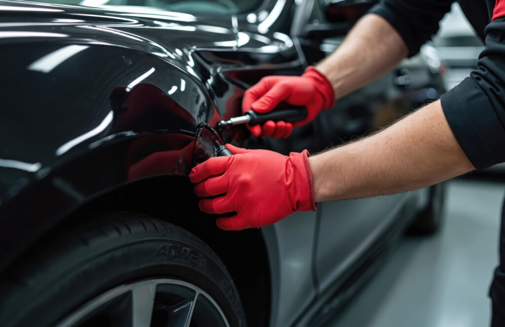 Technician sanding a vehicle body panel