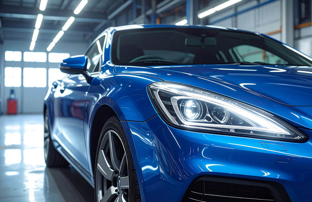 Blue car inside a vehicle workshop